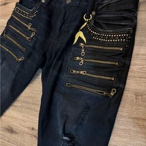 Black Studded Jeans with Zipper Details